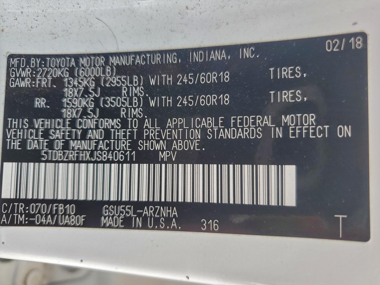 2018 Toyota Highlander Le VIN: 5TDBZRFHXJS840611 Lot: 94950835