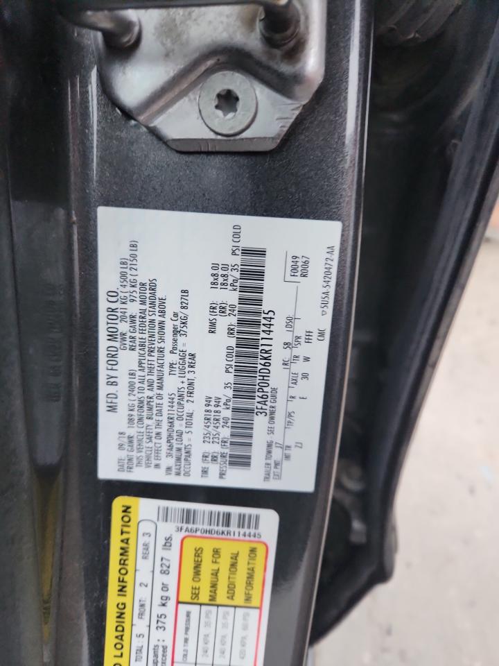 2019 Ford Fusion Se VIN: 3FA6P0HD6KR114445 Lot: 93216935