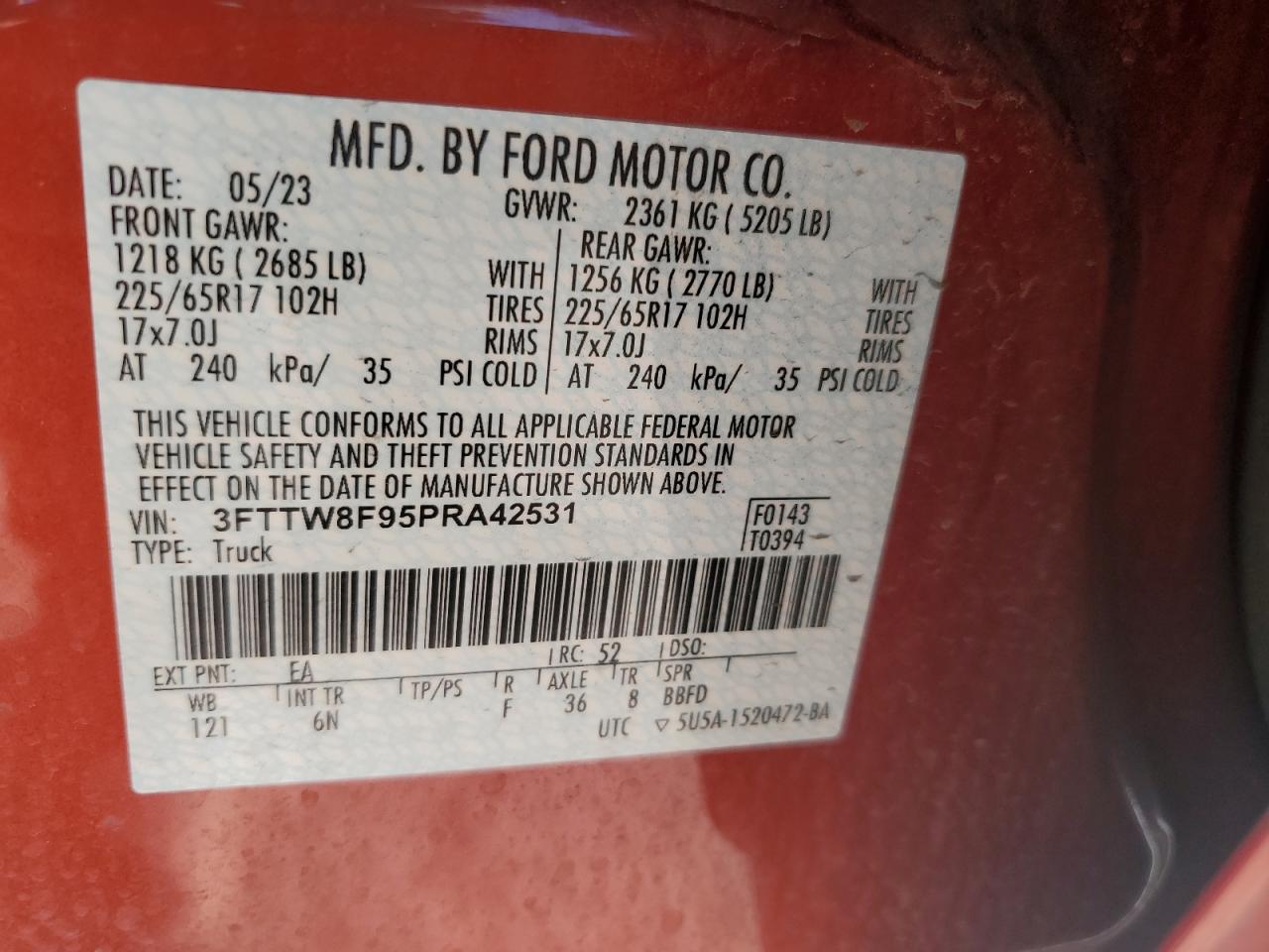 2023 Ford Maverick Xl VIN: 3FTTW8F95PRA42531 Lot: 92913255