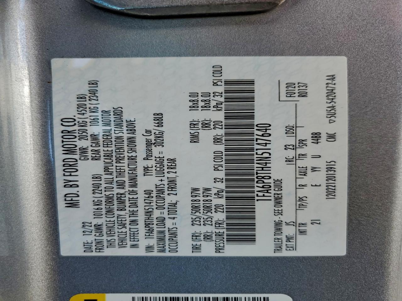 2022 Ford Mustang VIN: 1FA6P8TH4N5147640 Lot: 93131345