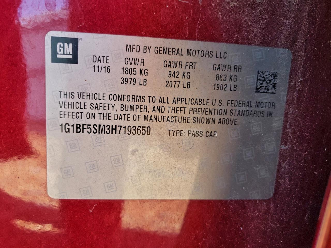 2017 Chevrolet Cruze Premier VIN: 1G1BF5SM3H7193650 Lot: 94485665