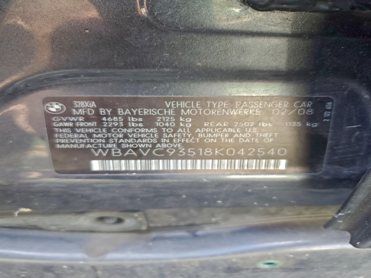 2008 BMW 328 Xi VIN: WBAVC93518K042540 Lot: 94473145