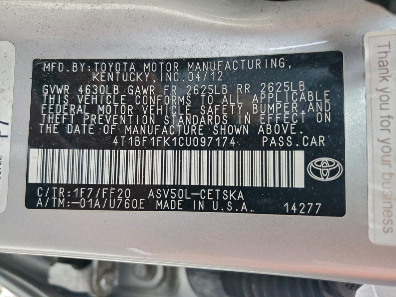 2012 Toyota Camry Base VIN: 4T1BF1FK1CU097174 Lot: 93992495