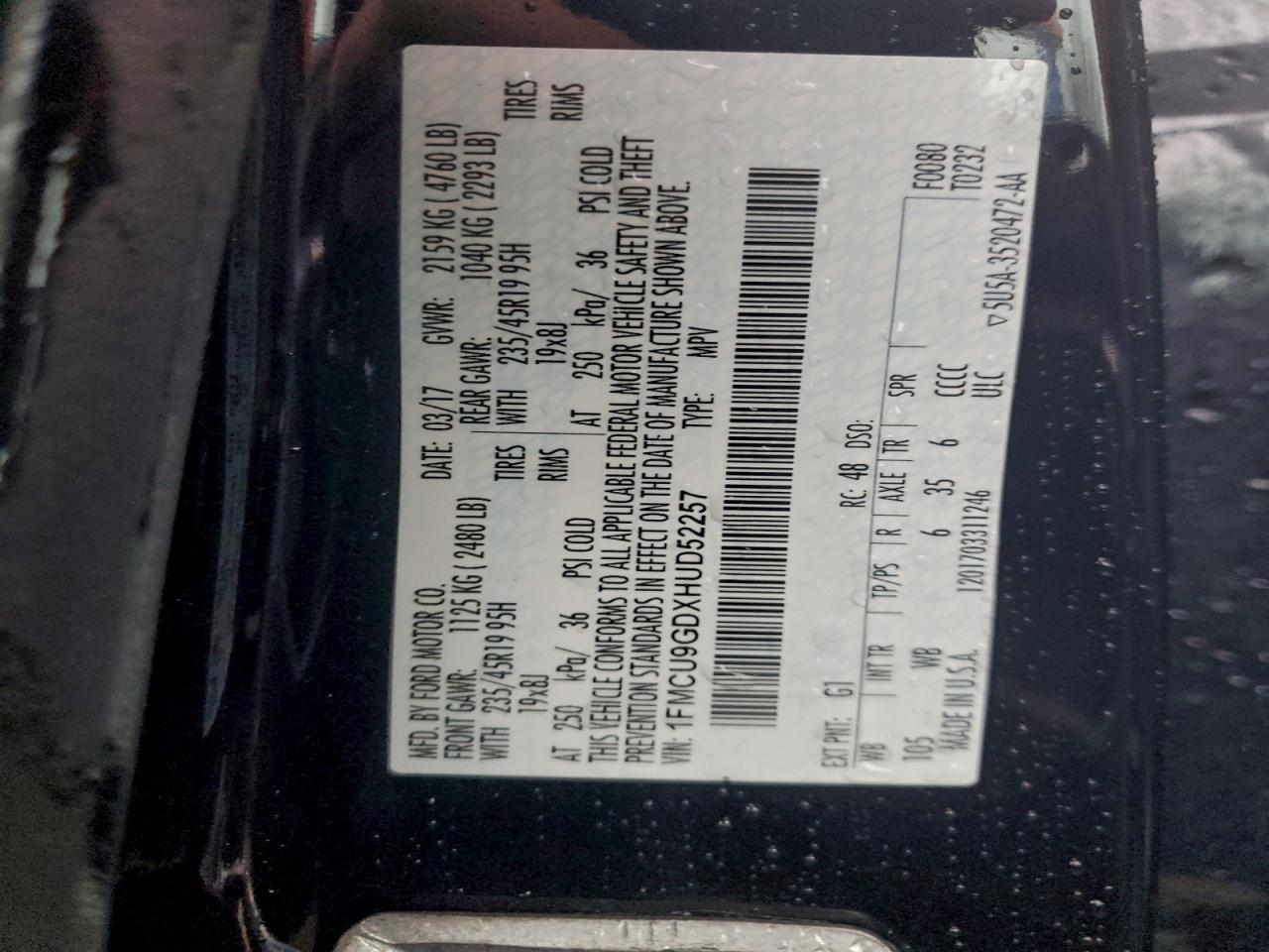 2017 Ford Escape Se VIN: 1FMCU9GDXHUD52257 Lot: 94239095