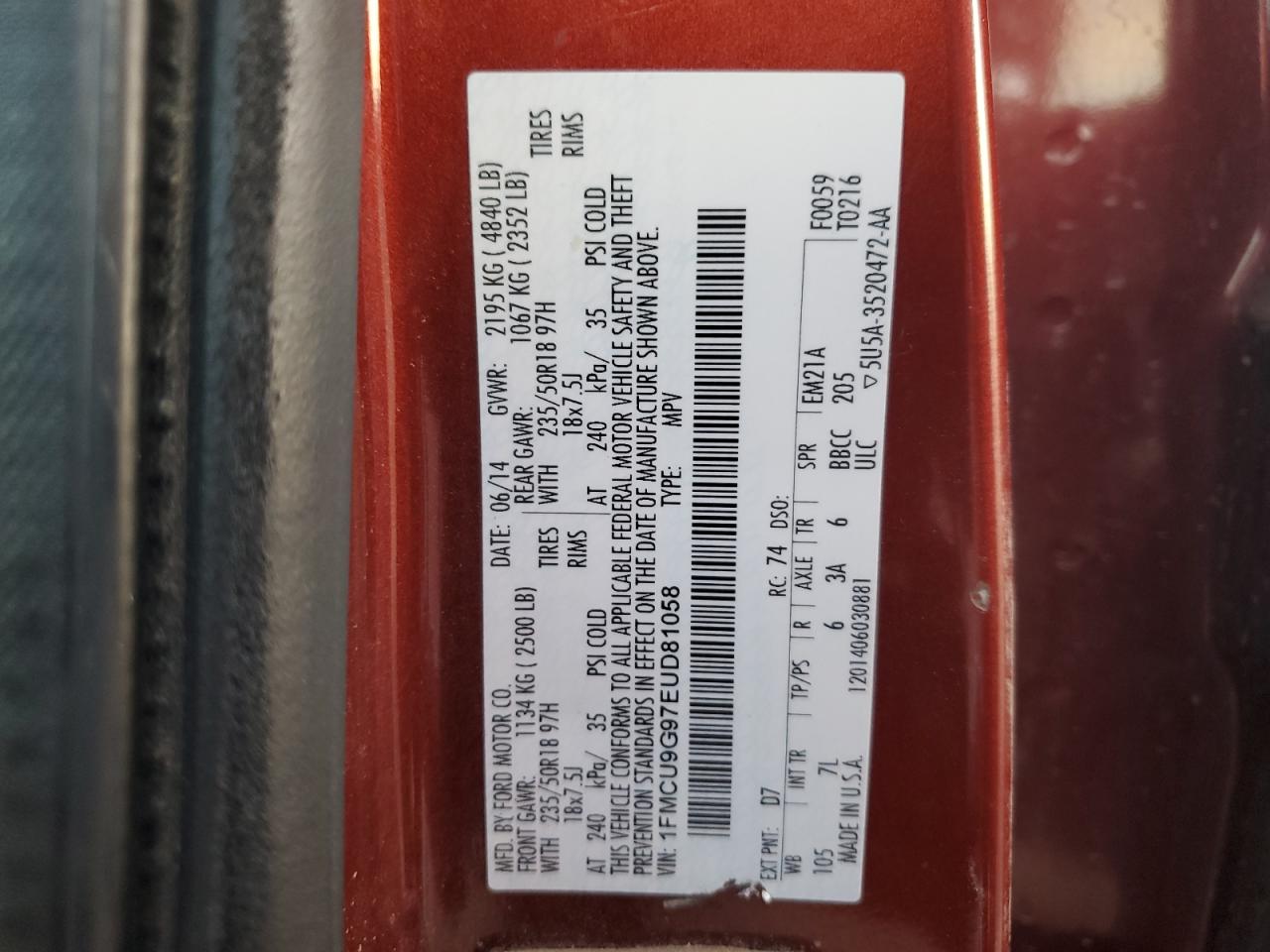 2014 Ford Escape Se VIN: 1FMCU9G97EUD81058 Lot: 93196725