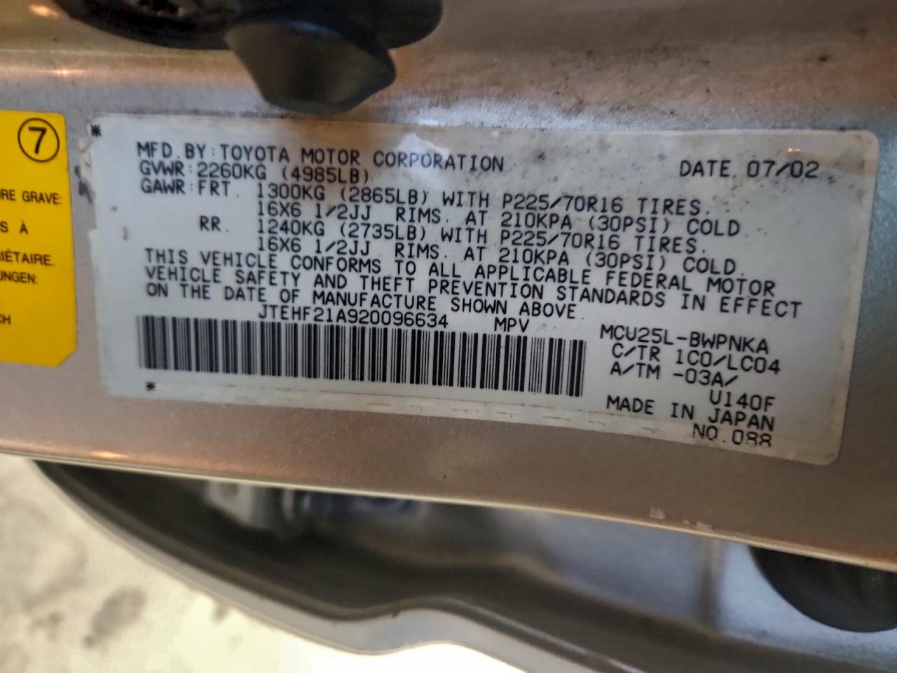 2002 Toyota Highlander Limited VIN: JTEHF21A920096634 Lot: 93890835