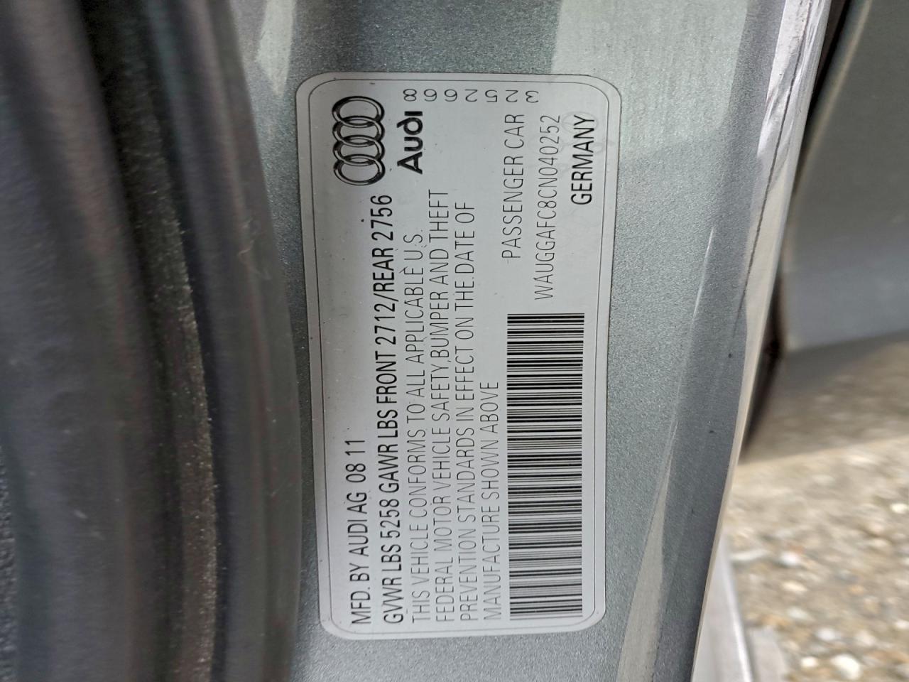 2012 Audi A6 Premium Plus VIN: WAUGGAFC8CN040252 Lot: 93209255