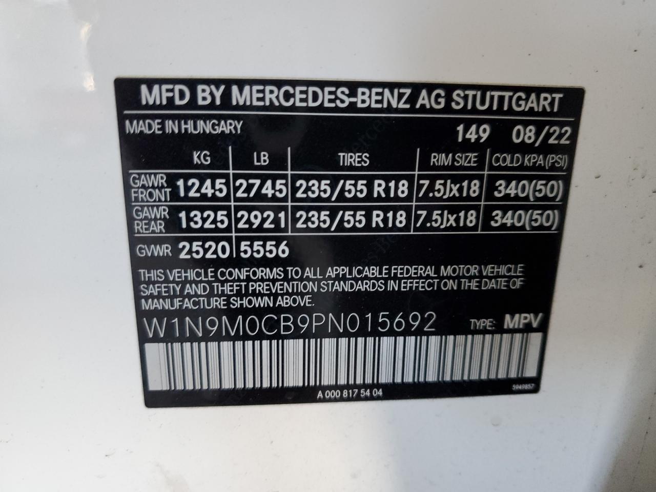 2023 Mercedes-Benz Eqb 250+ VIN: W1N9M0CB9PN015692 Lot: 93334525