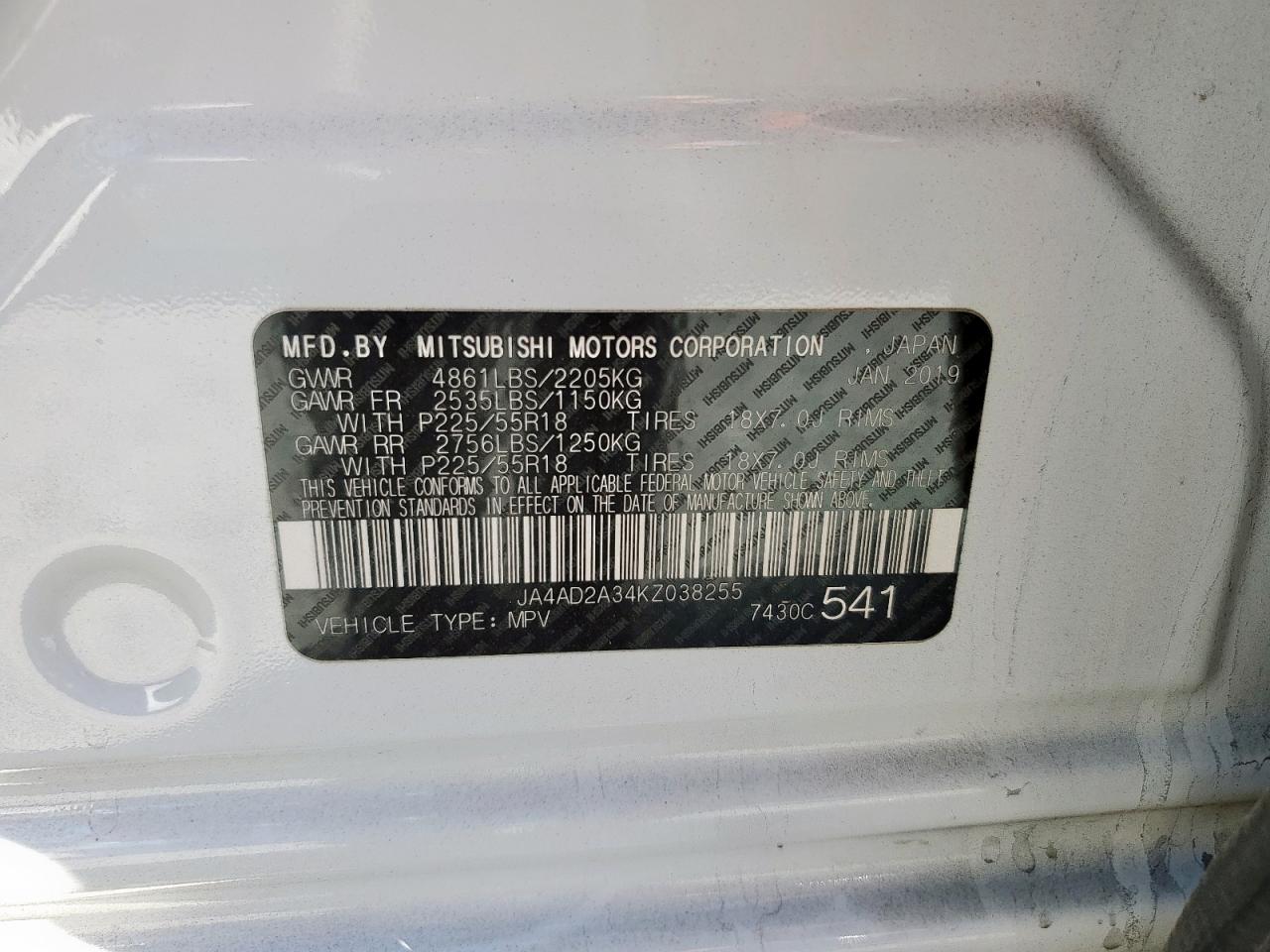 2019 Mitsubishi Outlander Es VIN: JA4AD2A34KZ038255 Lot: 92232745