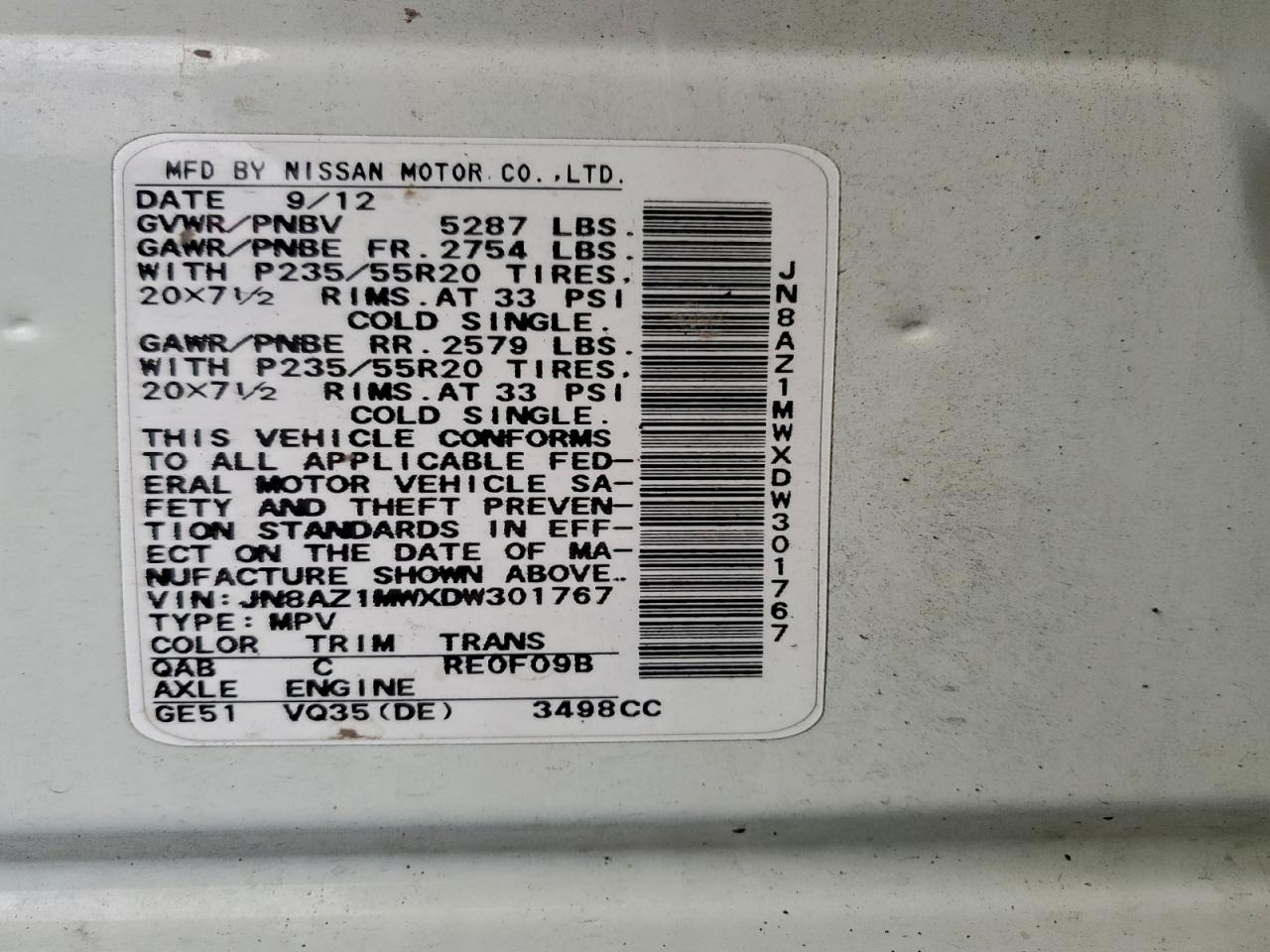 2013 Nissan Murano S VIN: JN8AZ1MWXDW301767 Lot: 93678955