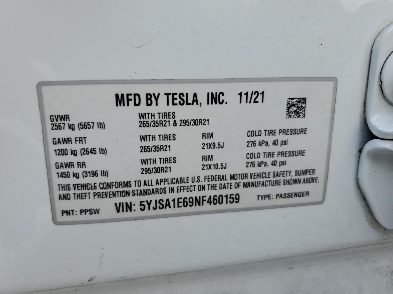 2022 Tesla Model S VIN: 5YJSA1E69NF460159 Lot: 93845185