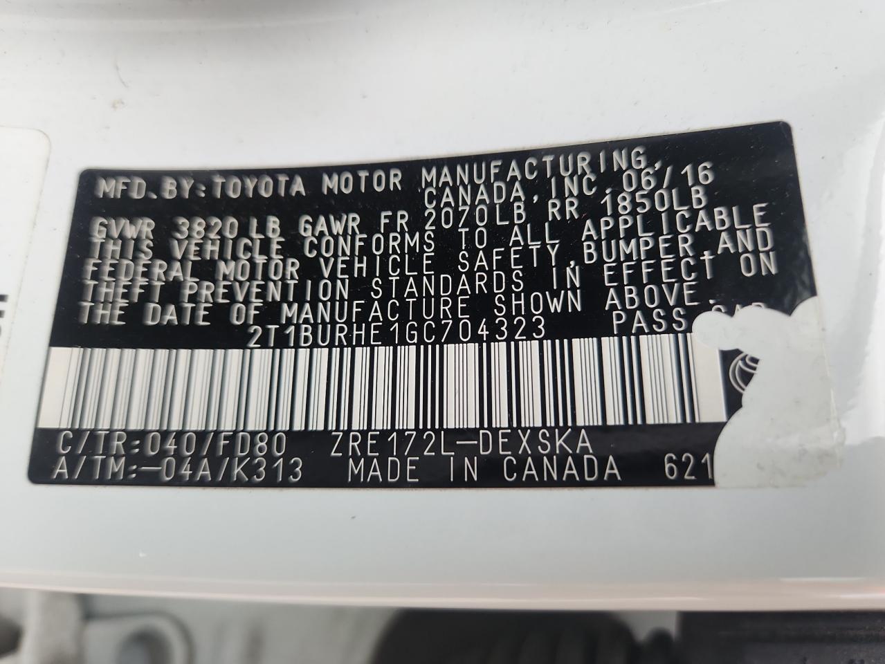 2016 Toyota Corolla L VIN: 2T1BURHE1GC704323 Lot: 93261465