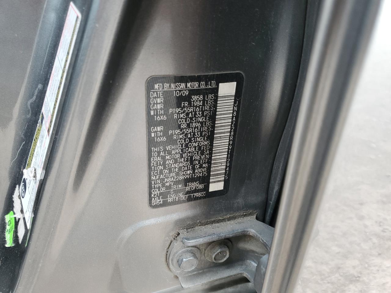 2009 Nissan Cube Base VIN: JN8AZ28R99T129475 Lot: 92536455