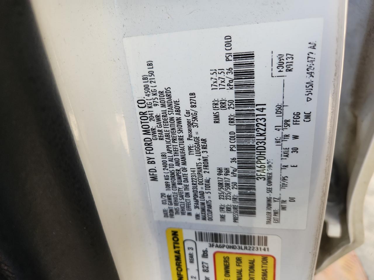 2020 Ford Fusion Se VIN: 3FA6P0HD3LR223141 Lot: 91301825