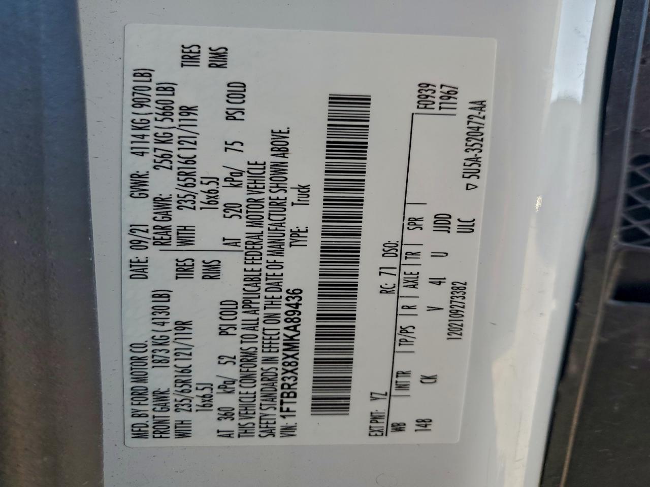 2021 Ford Transit Van VIN: 1FTBR3X8XMKA89436 Lot: 92817725