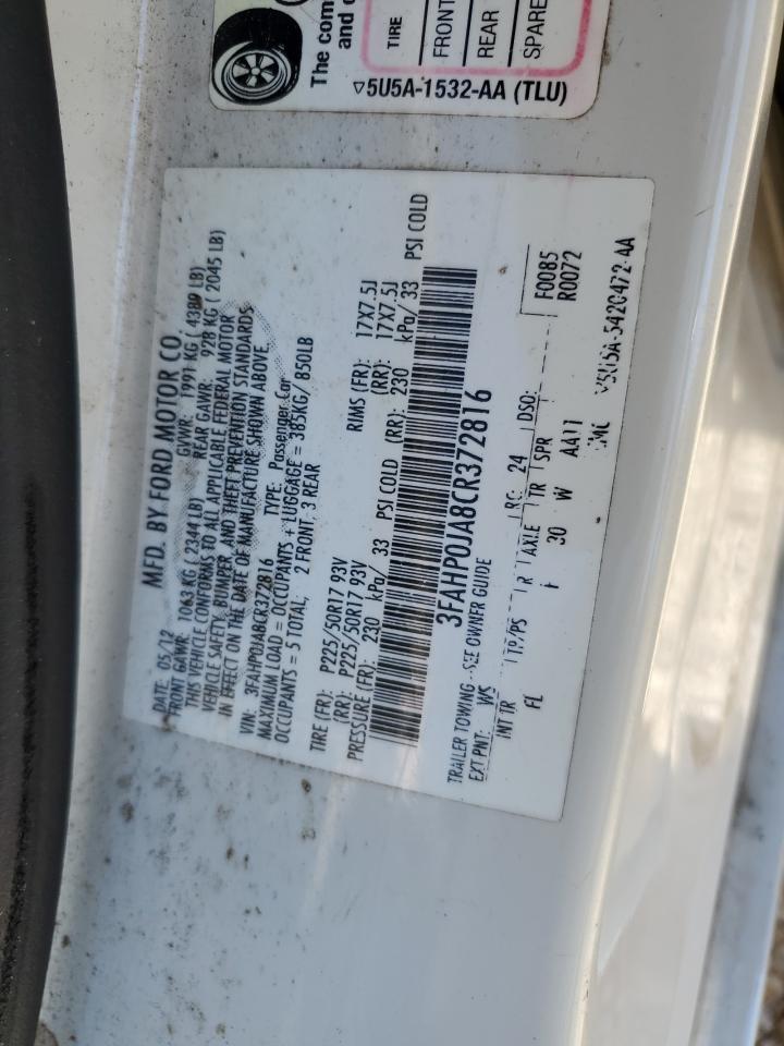 2012 Ford Fusion Sel VIN: 3FAHP0JA8CR372816 Lot: 90850885