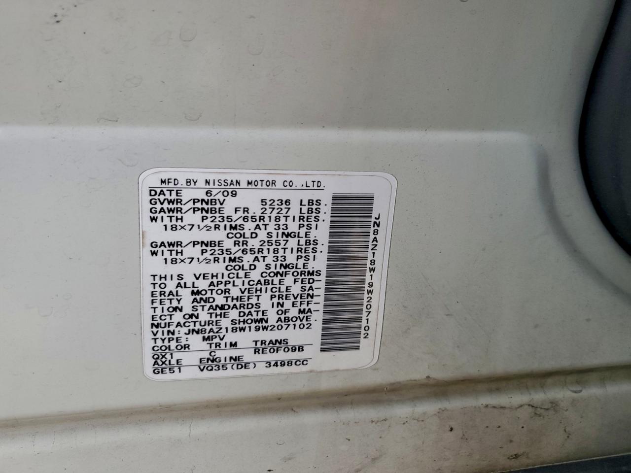 2009 Nissan Murano S VIN: JN8AZ18W19W207102 Lot: 93790355