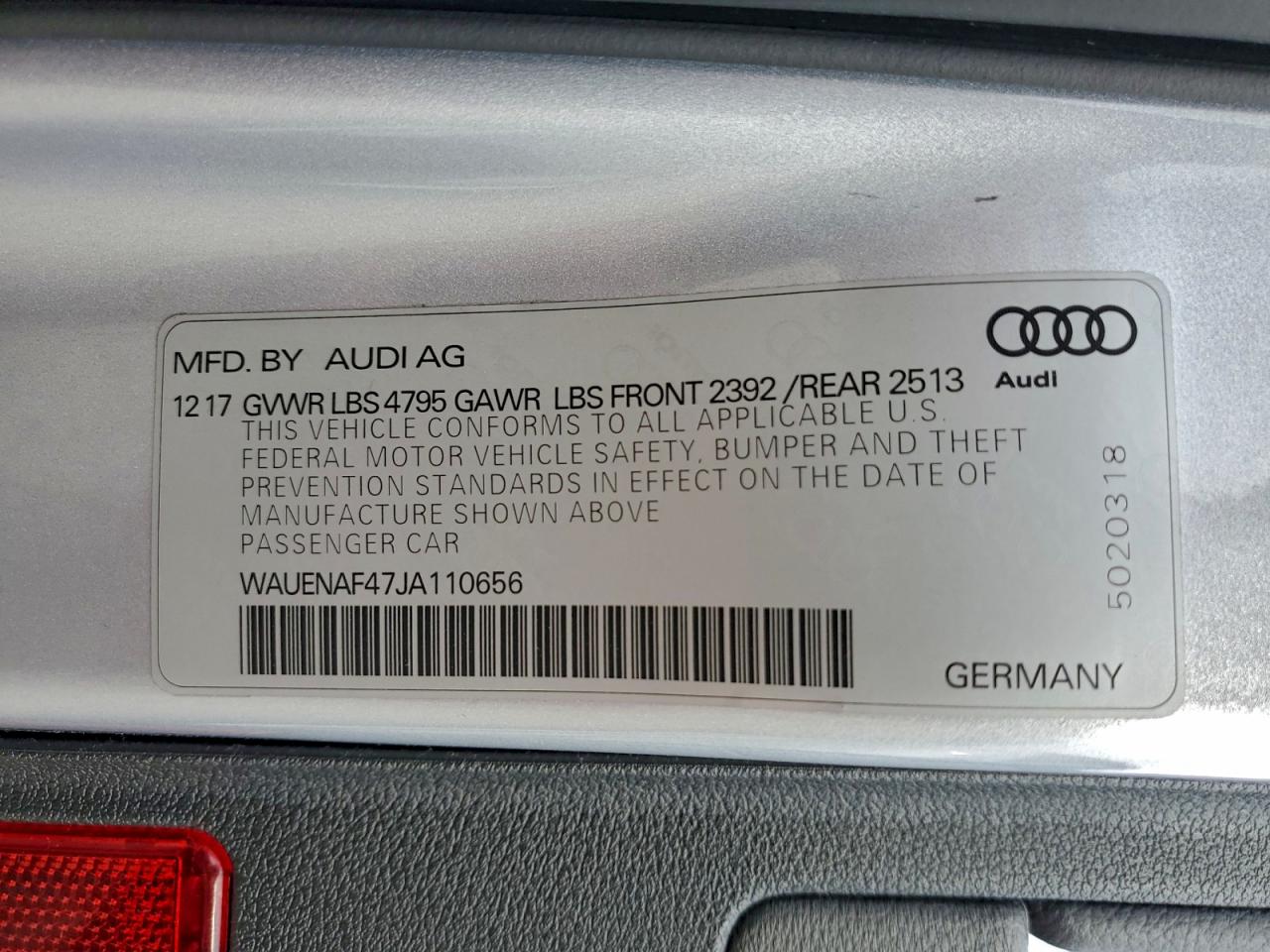 2018 Audi A4 Premium Plus VIN: WAUENAF47JA110656 Lot: 94079095