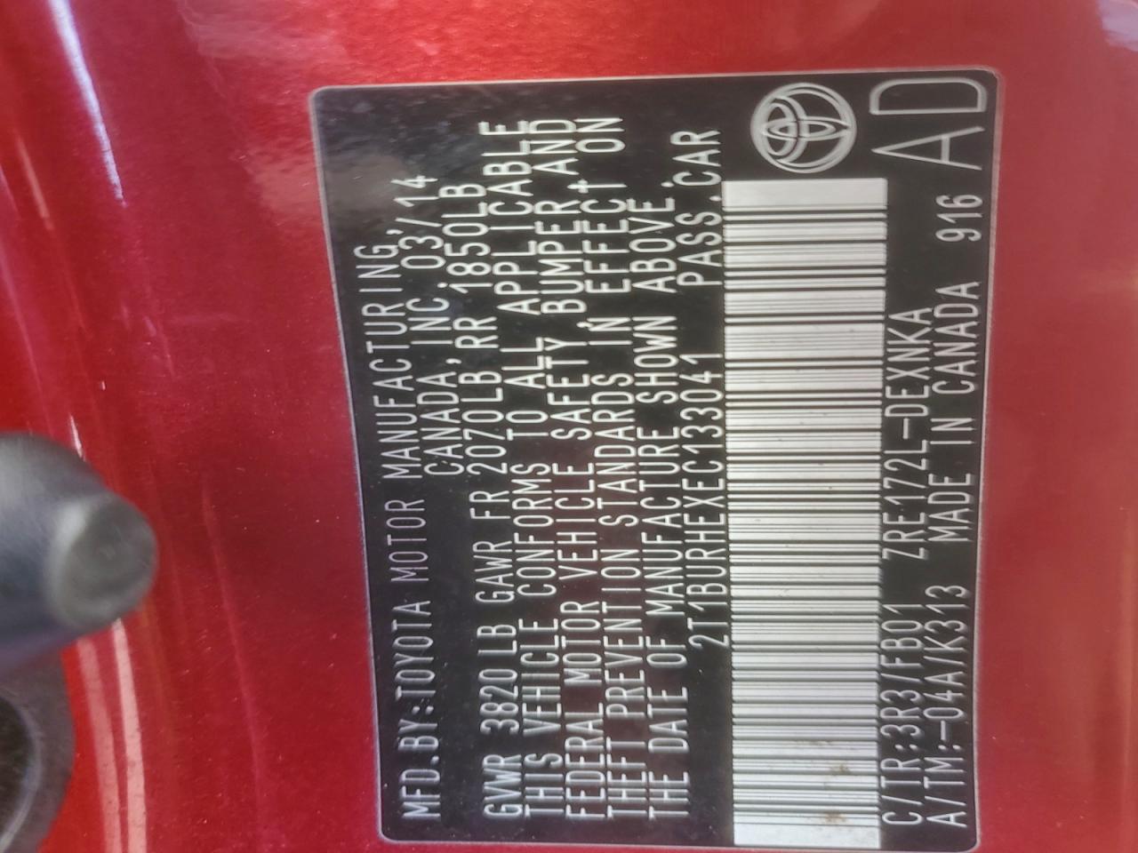 2014 Toyota Corolla L VIN: 2T1BURHEXEC133041 Lot: 90604115