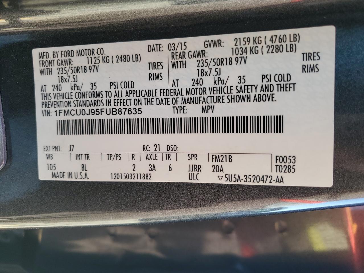 2015 Ford Escape Titanium VIN: 1FMCU0J95FUB87635 Lot: 92492425