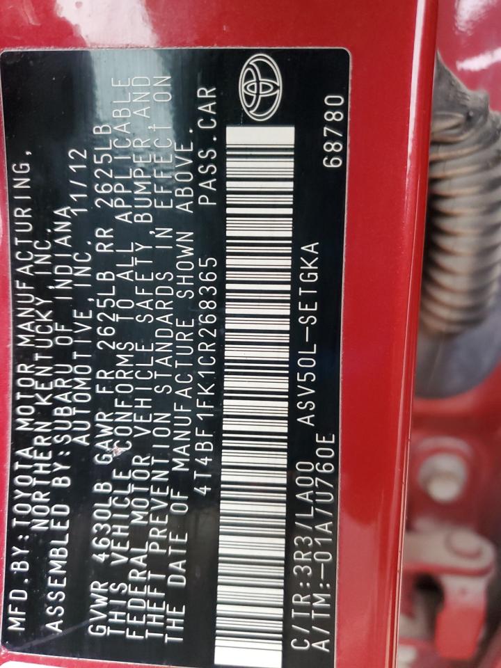 2012 Toyota Camry Base VIN: 4T4BF1FK1CR268365 Lot: 93074855