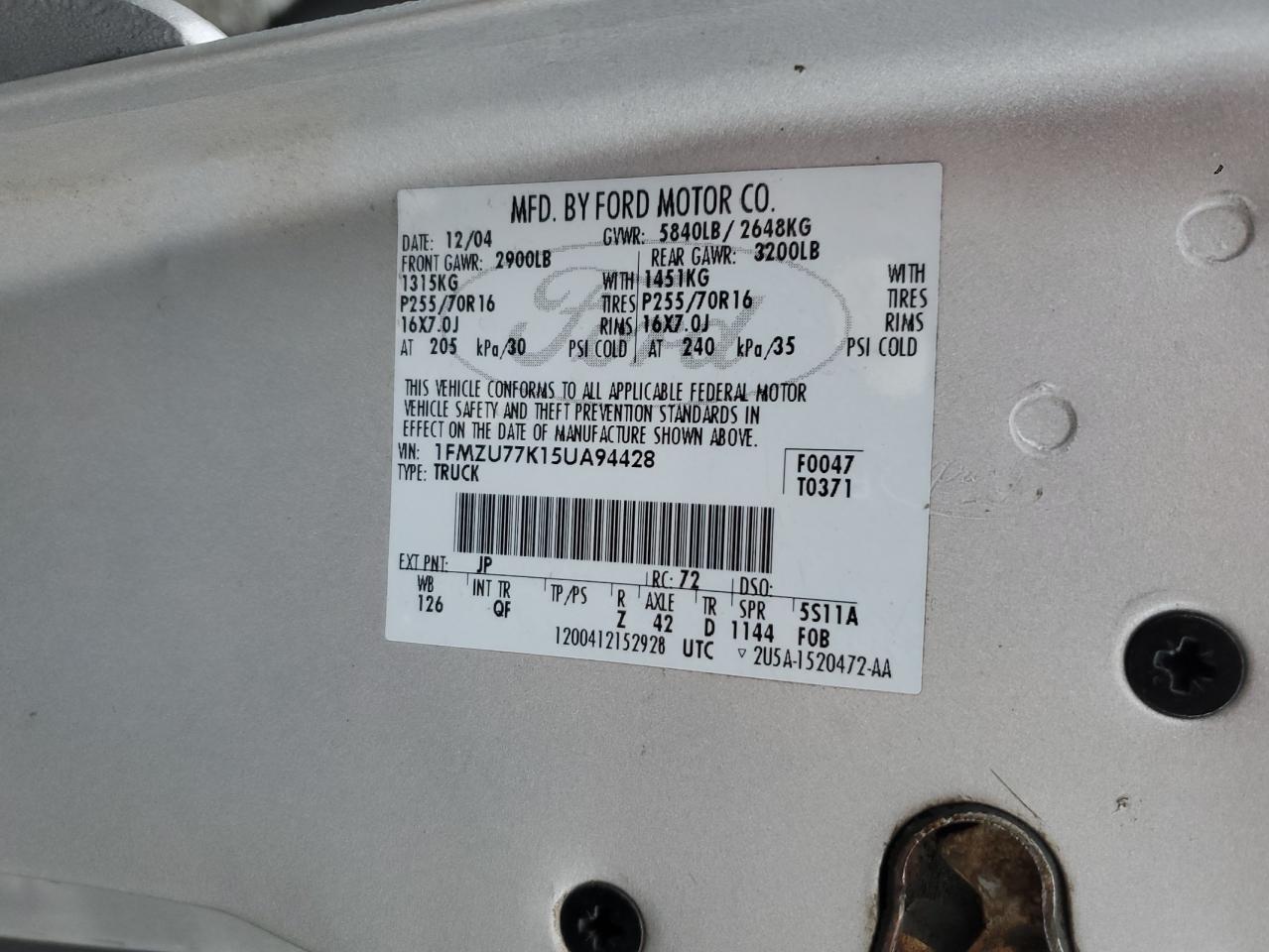 2005 Ford Explorer Sport Trac VIN: 1FMZU77K15UA94428 Lot: 93338315