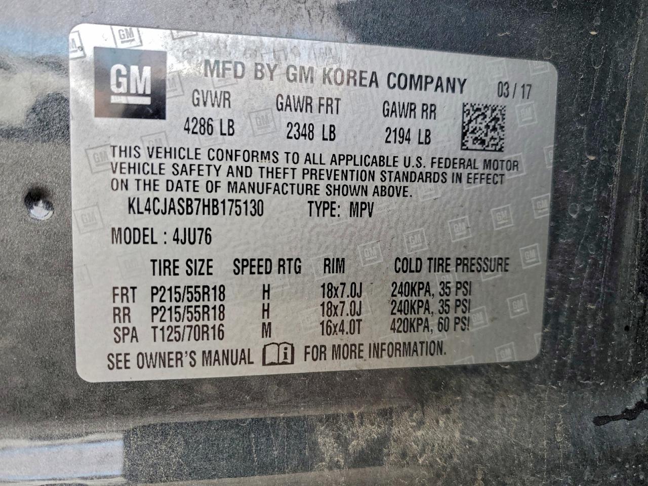 2017 Buick Encore Preferred VIN: KL4CJASB7HB175130 Lot: 93727475