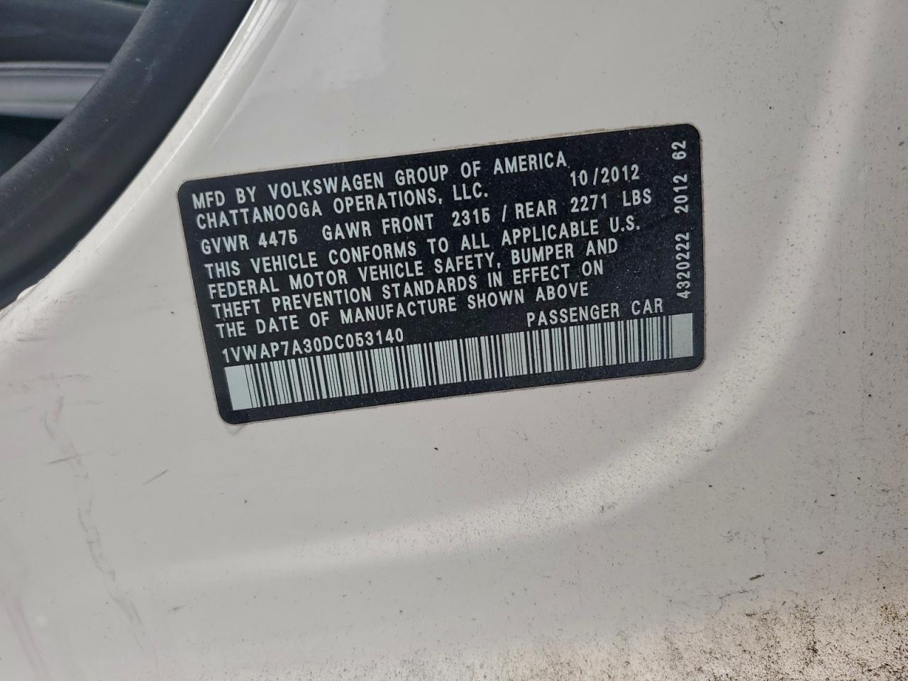 2013 Volkswagen Passat S VIN: 1VWAP7A30DC053140 Lot: 93897015