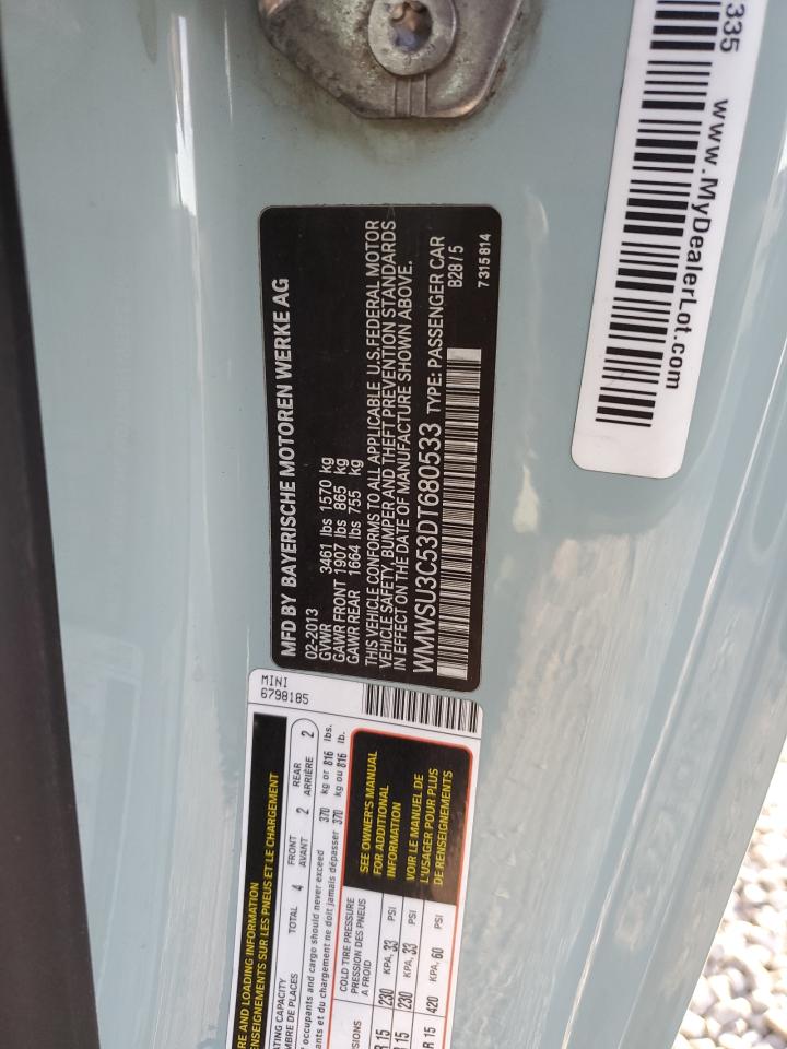2013 Mini Cooper VIN: WMWSU3C53DT680533 Lot: 92785345