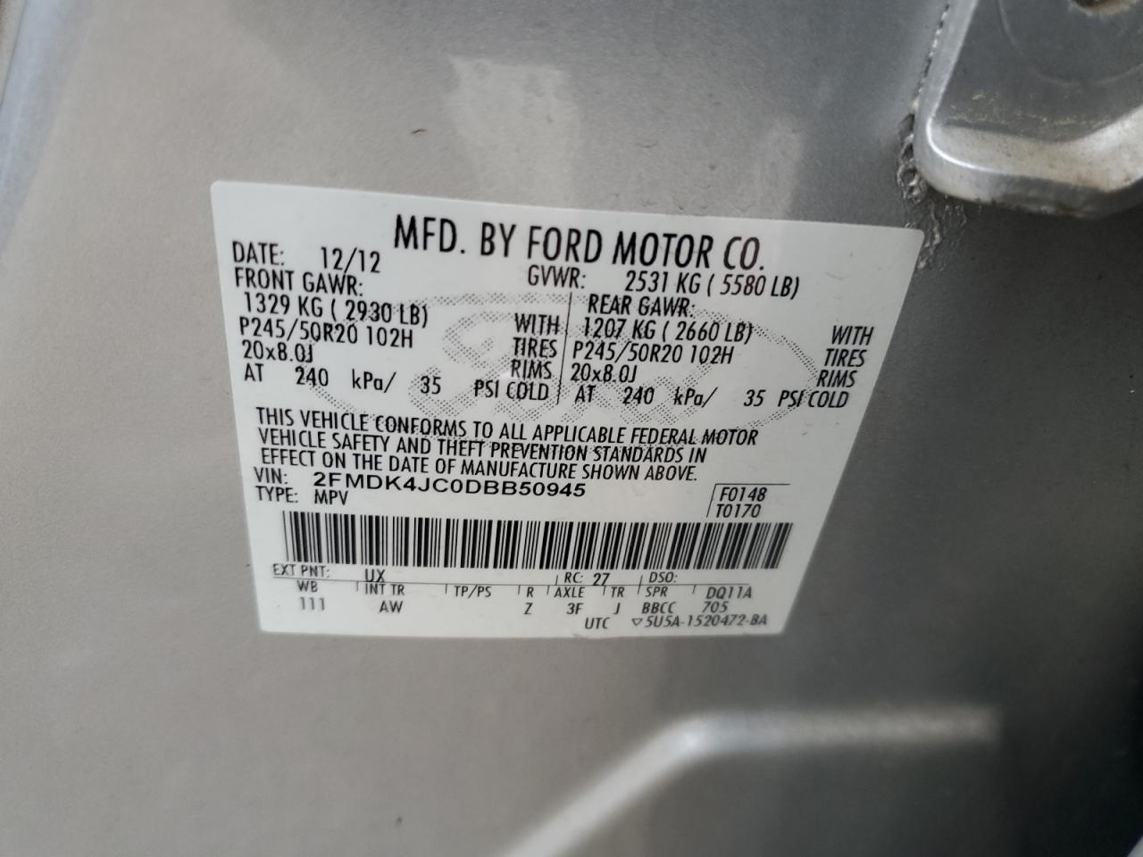 2013 Ford Edge Sel VIN: 2FMDK4JC0DBB50945 Lot: 93702245