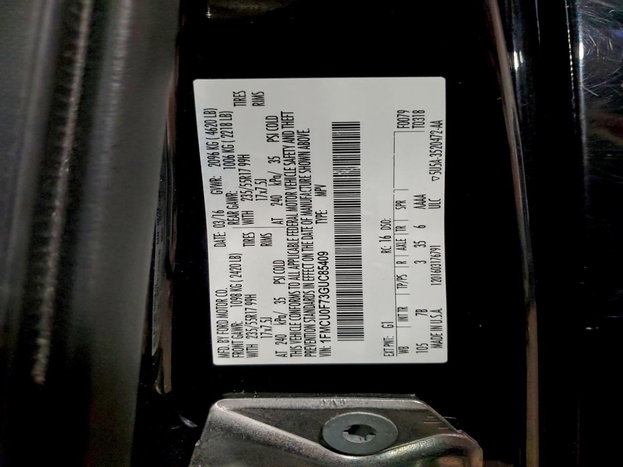 2016 Ford Escape S VIN: 1FMCU0F73GUC85409 Lot: 93620565