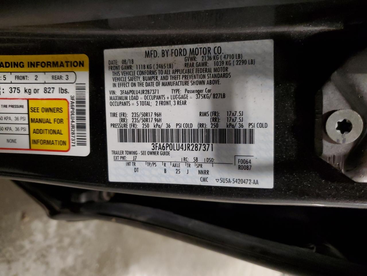 2018 Ford Fusion Se Hybrid VIN: 3FA6P0LU4JR287371 Lot: 93124745