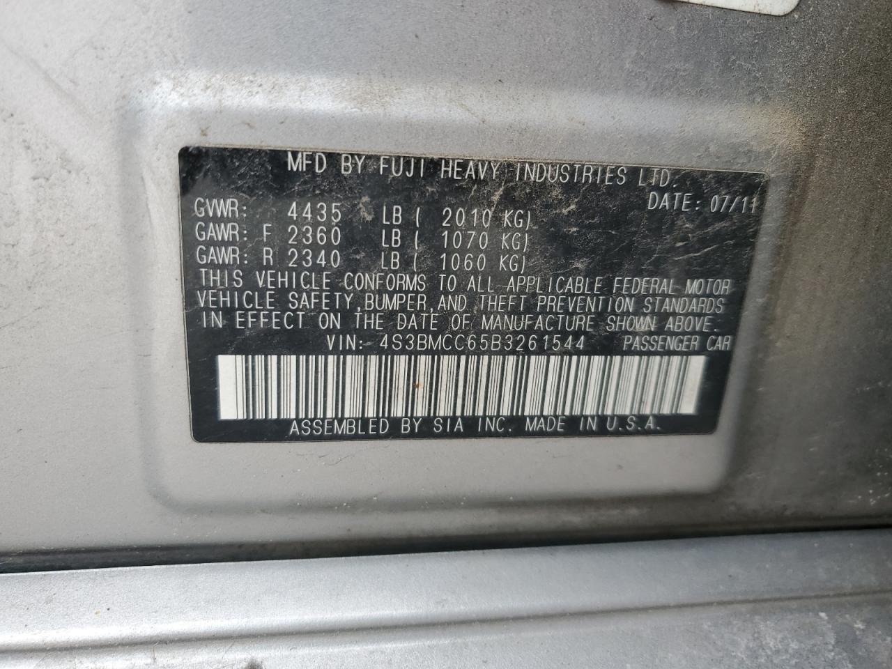 2011 Subaru Legacy 2.5I Premium VIN: 4S3BMCC65B3261544 Lot: 92581185