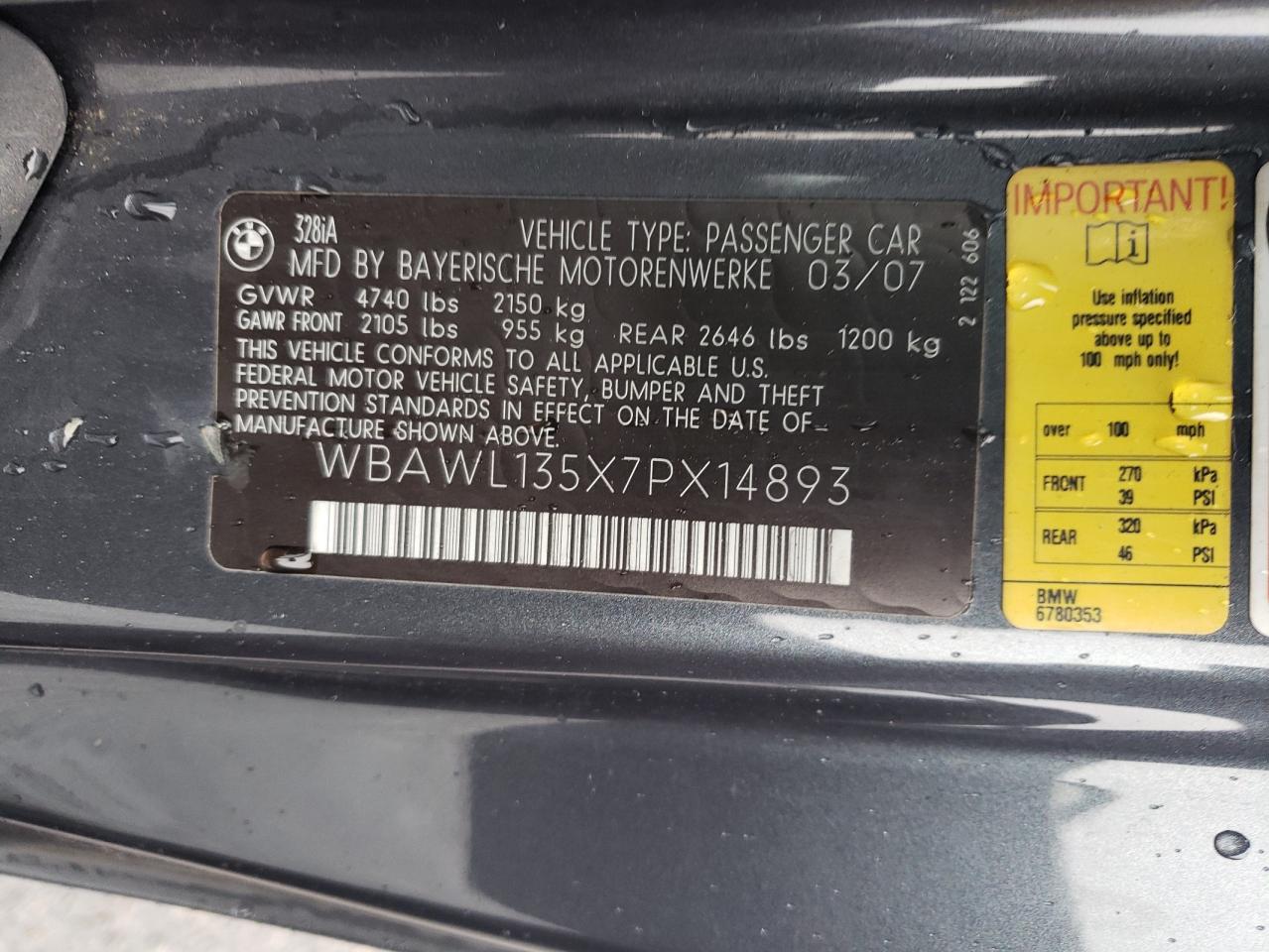 2007 BMW 328 I VIN: WBAWL135X7PX14893 Lot: 93603515