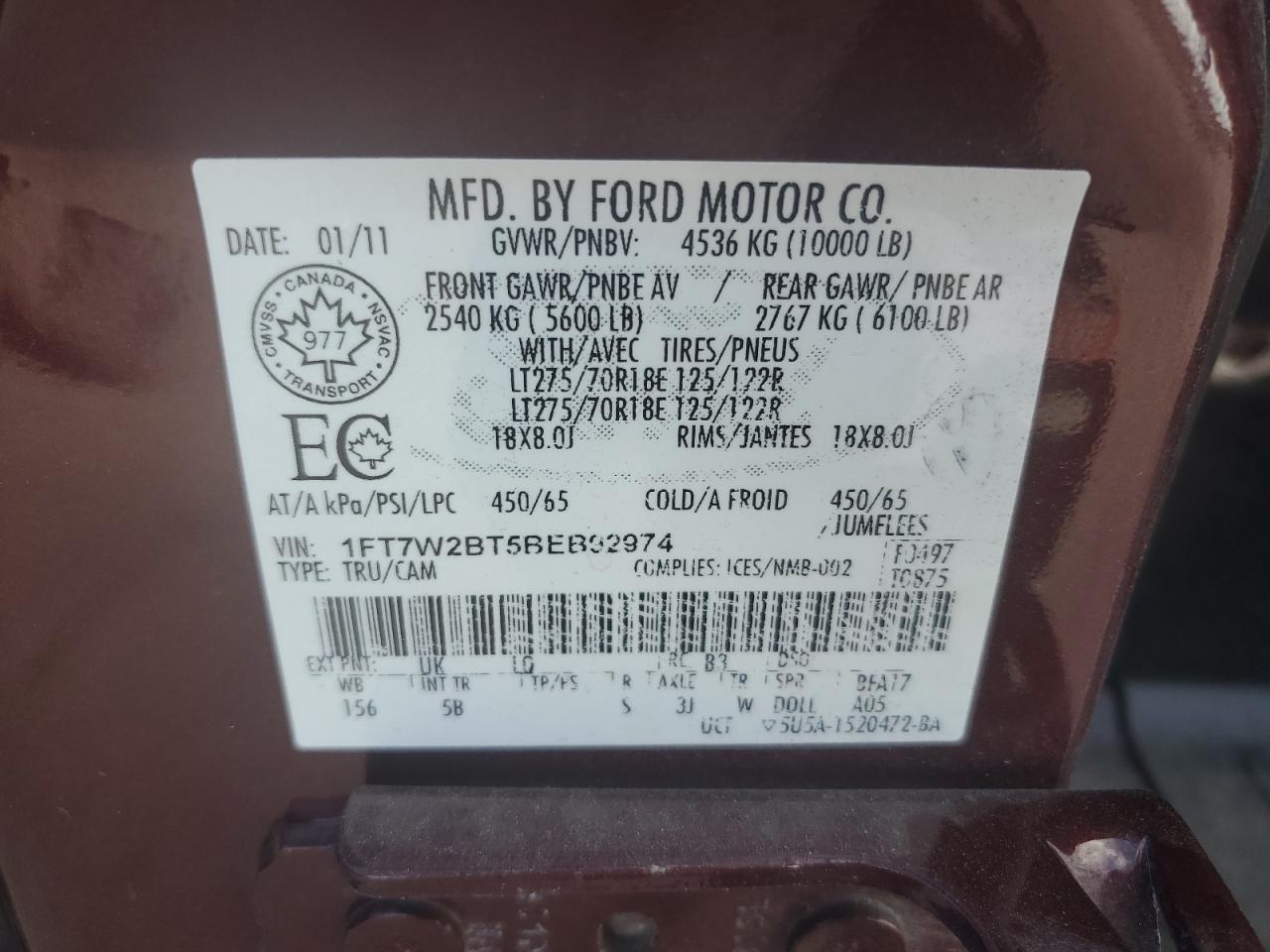 2011 Ford F250 Super Duty VIN: 1FT7W2BT5BEB92974 Lot: 93297045