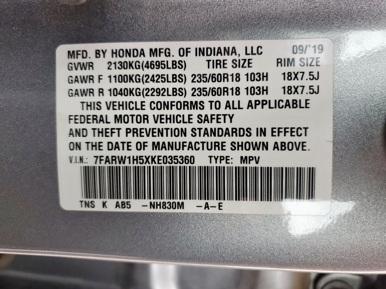 2019 Honda Cr-V Ex VIN: 7FARW1H5XKE035360 Lot: 93540535