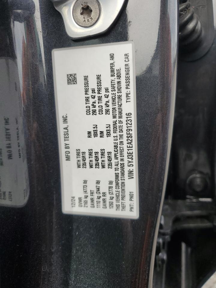 2025 Tesla Model 3 VIN: 5YJ3E1EA2SF912316 Lot: 91827135