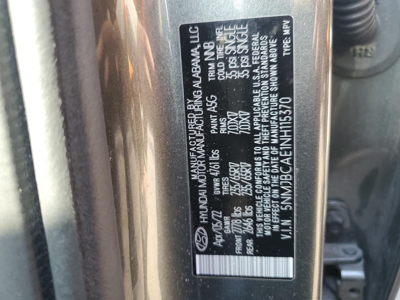 2022 Hyundai Tucson Sel VIN: 5NMJBCAE1NH115370 Lot: 92379605