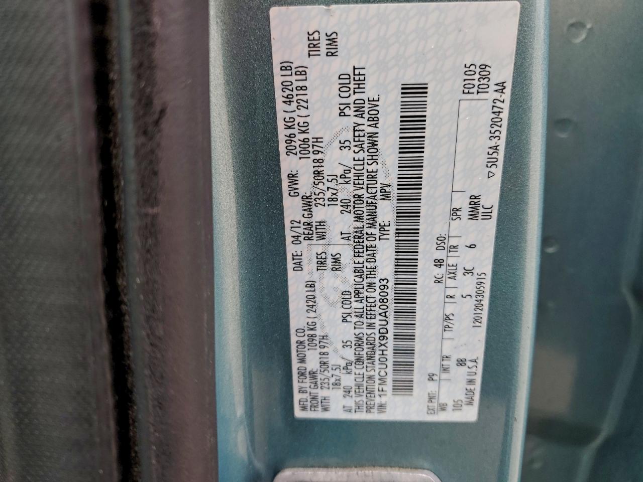 2013 Ford Escape Sel VIN: 1FMCU0HX9DUA08093 Lot: 93896155