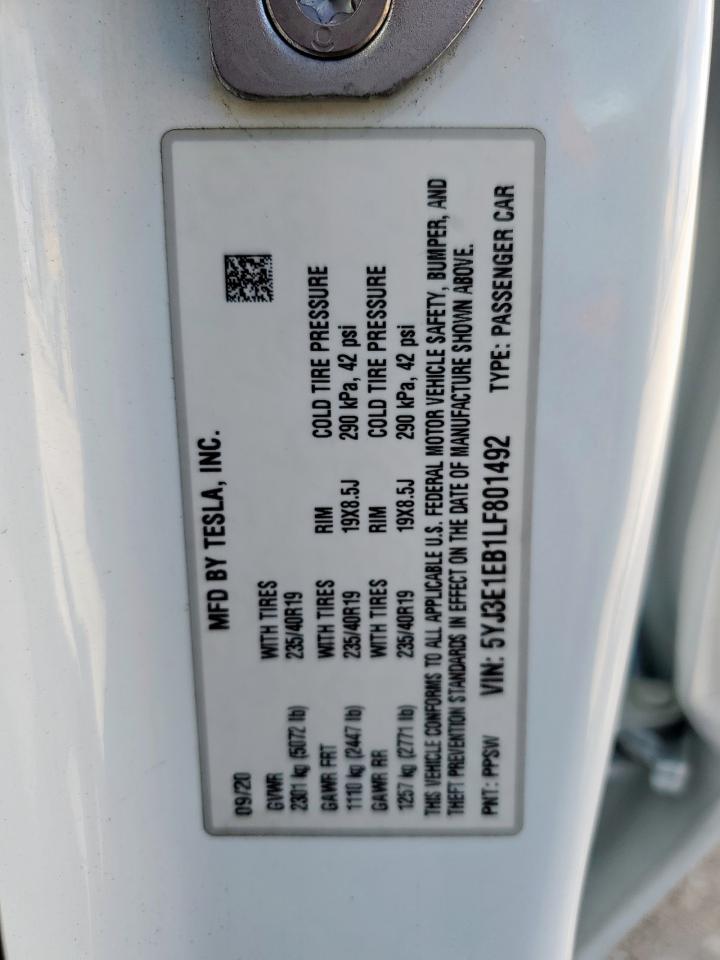 2020 Tesla Model 3 VIN: 5YJ3E1EB1LF801492 Lot: 93210525