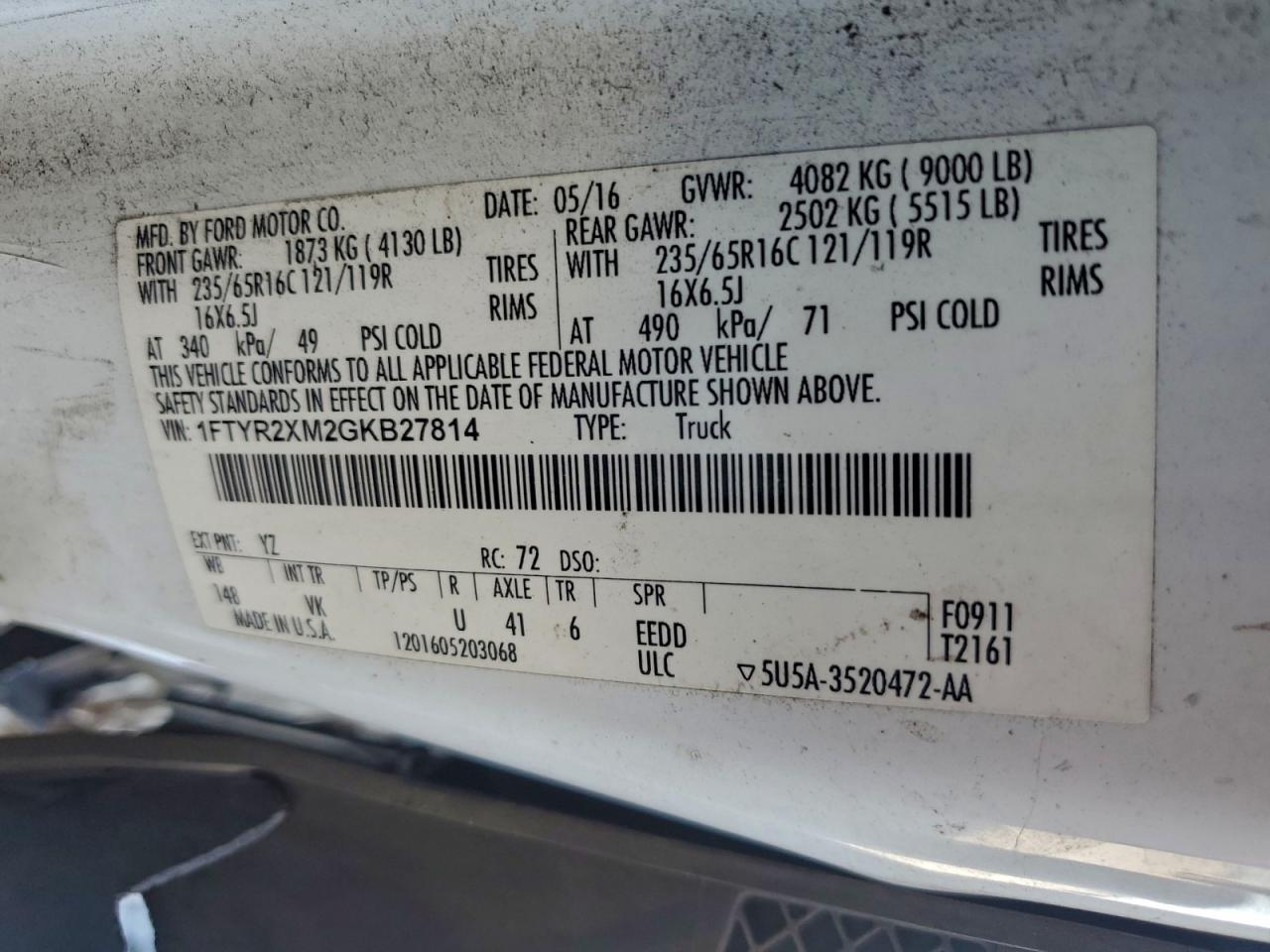 2016 Ford Transit T-250 VIN: 1FTYR2XM2GKB27814 Lot: 93621115