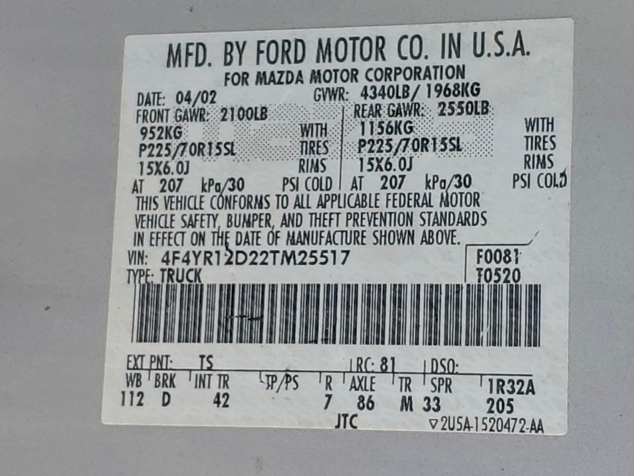 2002 Mazda B2300 VIN: 4F4YR12D22TM25517 Lot: 94006185