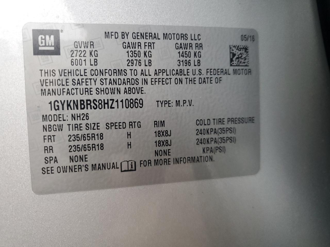 2017 Cadillac Xt5 Luxury VIN: 1GYKNBRS8HZ110869 Lot: 91939145