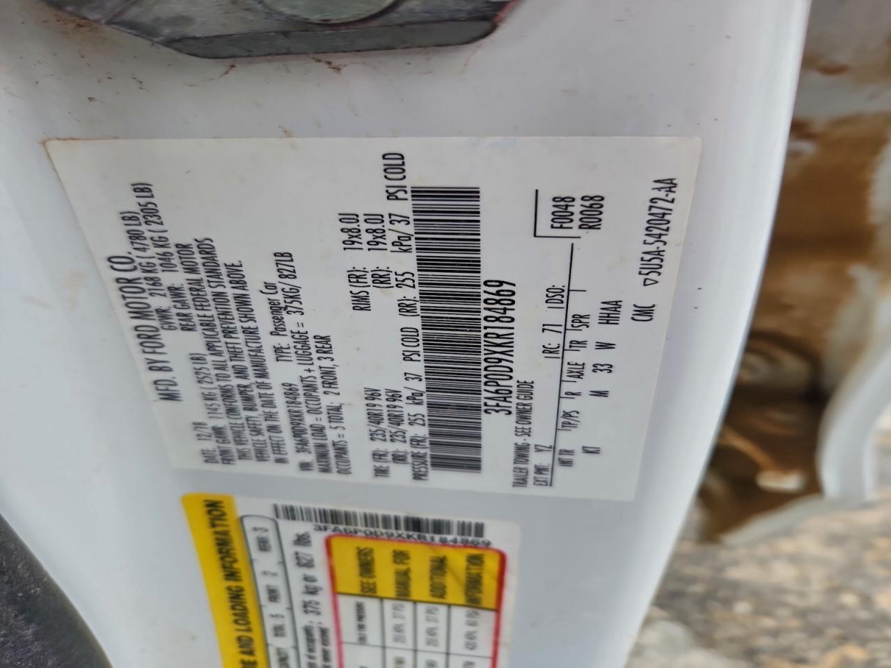 2019 Ford Fusion Titanium VIN: 3FA6P0D9XKR184869 Lot: 93630945