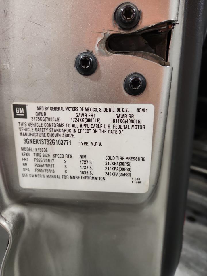 2002 Chevrolet Avalanche K1500 VIN: 3GNEK13T32G103771 Lot: 93126685