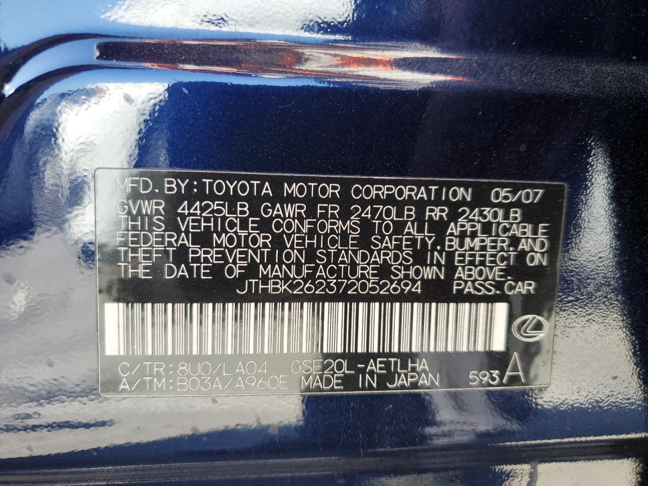 2007 Lexus Is 250 VIN: JTHBK262372052694 Lot: 92066905