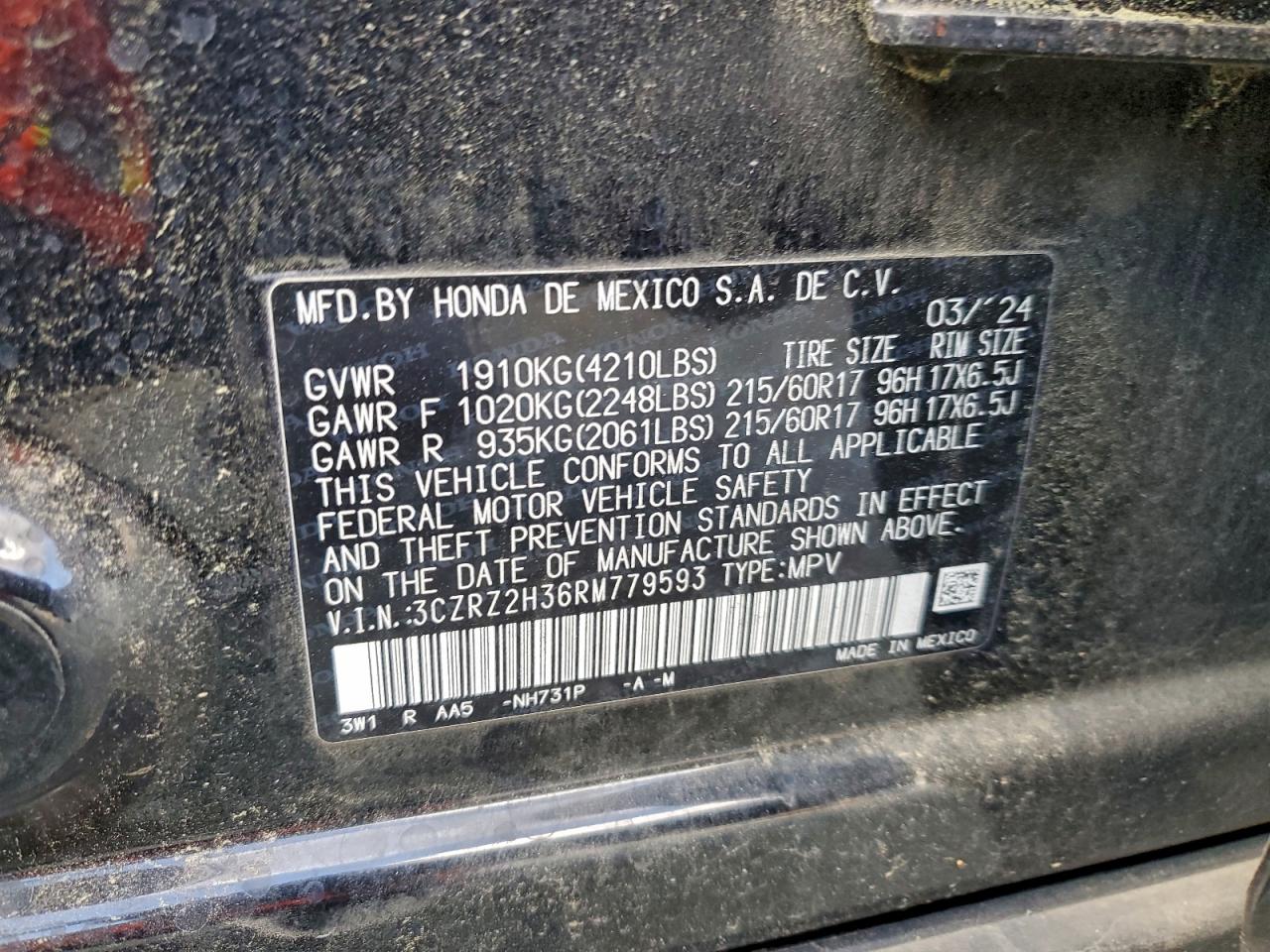 2024 Honda Hr-V Lx VIN: 3CZRZ2H36RM779593 Lot: 94120245