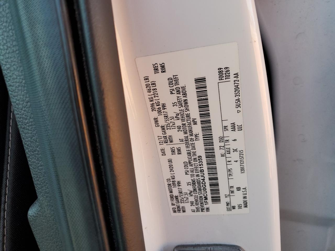 2018 Ford Escape Se VIN: 1FMCU0GD4JUB15359 Lot: 92489915