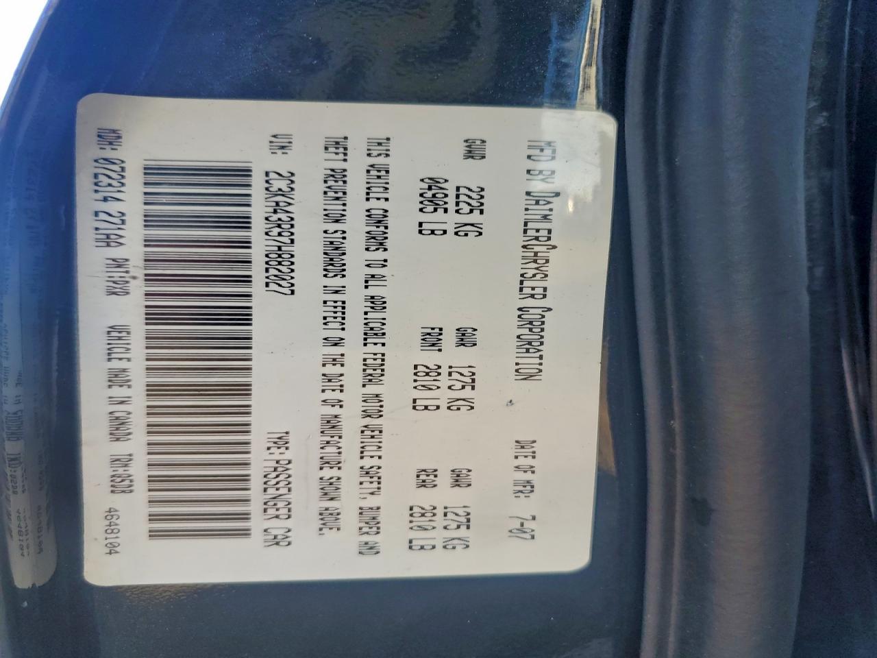 2007 Chrysler 300 VIN: 2C3KA43R97H882027 Lot: 94502855