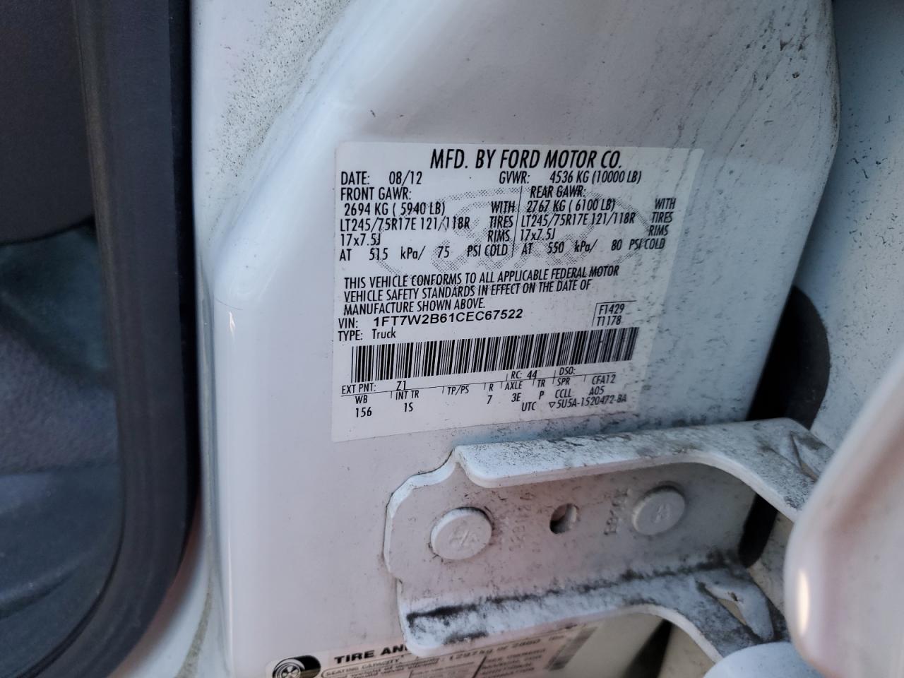 2012 Ford F250 Super Duty VIN: 1FT7W2B61CEC67522 Lot: 91236075